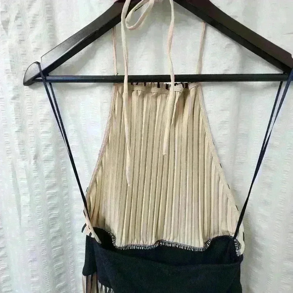 Zara Navy & Cream Pleated Halter Maxi Dress Large - Picture 5 of 11